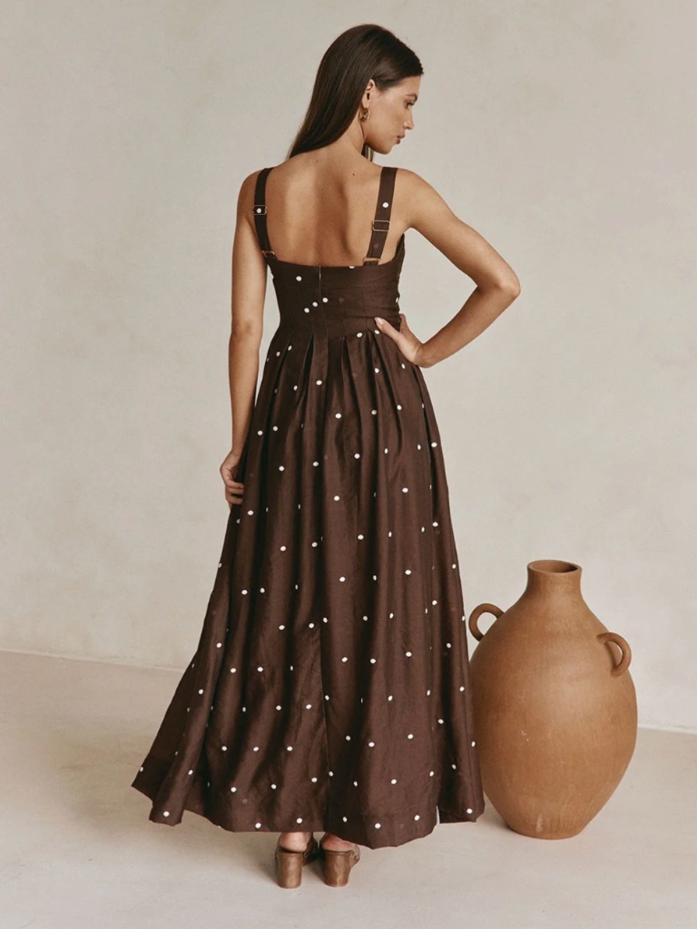 Brown Polka Dot Maxi Dress with Square Neck - Picture 2 of 8
